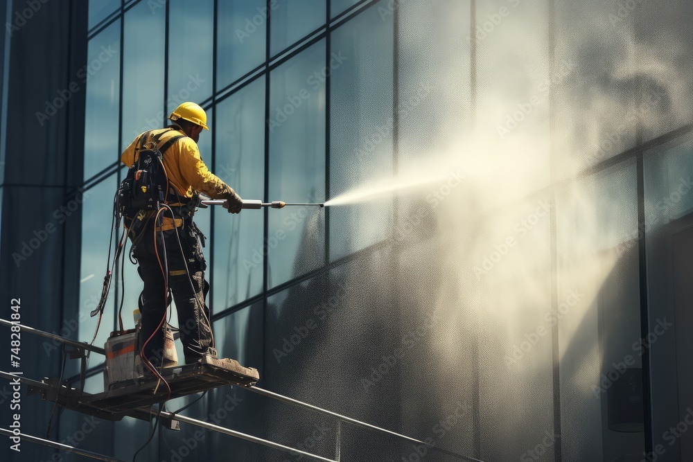 Window cleaner on a platform cleaning the windows of a high-rise facade with a pressurized hose - obrazy, fototapety, plakaty 