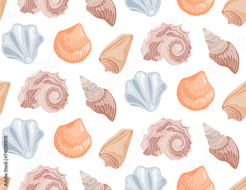 Seamless pattern of various seashells, background with seashells.