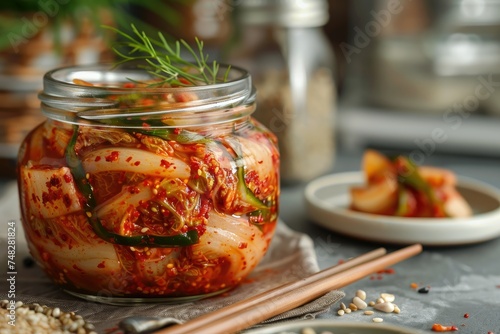 Homemade jar of Korean spicy kimchi - Freshly made spicy kimchi packed in a glass jar, garnished with sesame seeds, green onions, placed on a dark backdrop