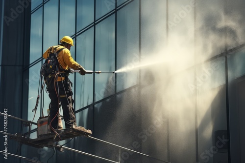 Window cleaner on a platform cleaning the windows of a high-rise facade with a pressurized hose photo