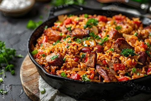 Jambalaya with smoked sausage in skillet - Appetizing traditional Jambalaya with smoked sausage, diced vegetables, and rice in a rustic cast iron skillet, garnished with greens