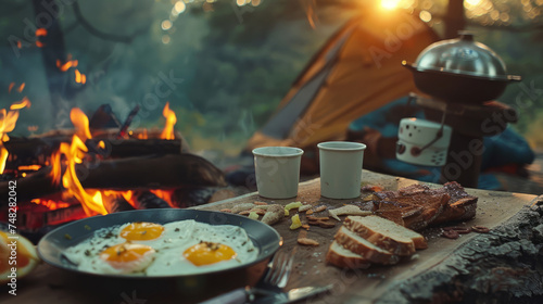 Camping breakfast served on the wooden table, bonfire and camp tent on the background