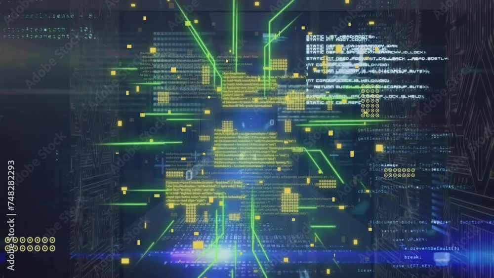 Animation of circuit board and digital data processing over computer servers Animation of circuit board and digital data processing over computer servers