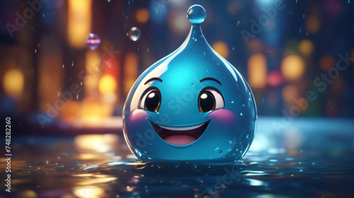 Cute smiling 3d style water drop mascot on a wet place - Generative AI