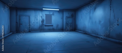 An empty room with two walls painted in light blue and dark blue, featuring a door and a window. The room appears vacant, with no furniture or decorations present.