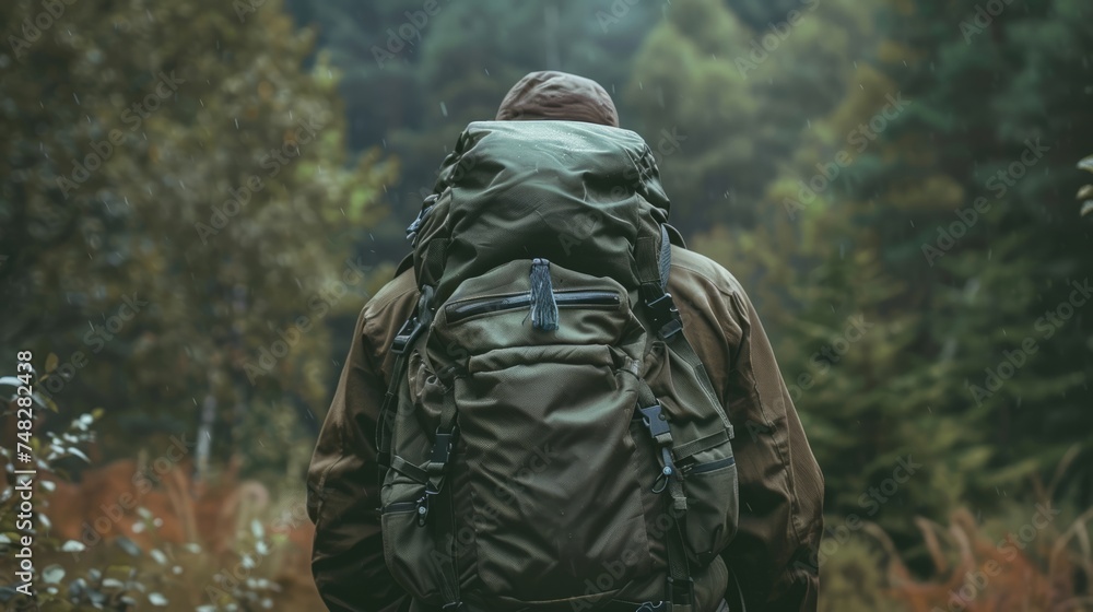 Back view of hirer with backpack in the forest