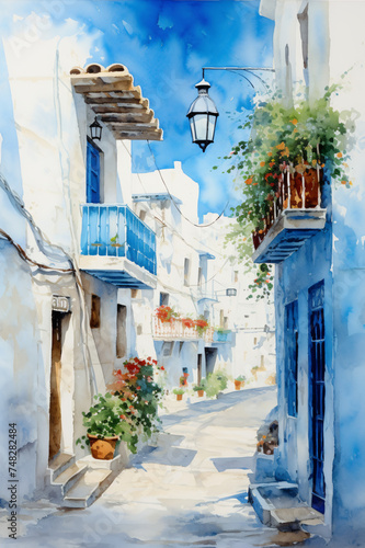 Watercolor painting of greek small town © BHPX