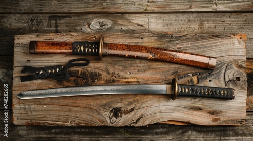 A real Japanese samurai sword and its sheath resting on a wooden board photo