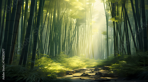 Tranquil bamboo forest  tall bamboo stalks create a dense and peaceful atmosphere