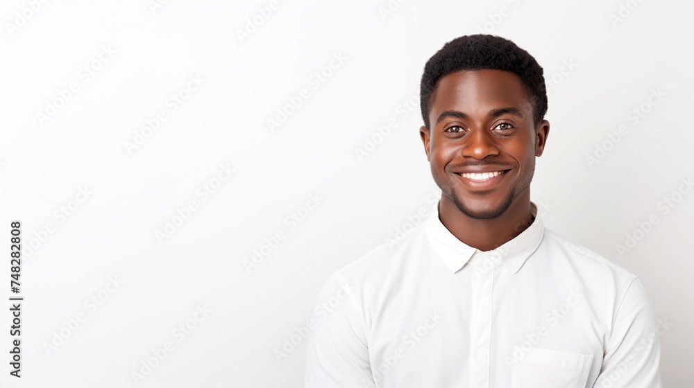 Waist-up studio portrait of a handsome young African American businessman wearing a white shirt and looking at the camera with a friendly smile. Isolated on a white background. Waist-up studio portrait of a handsome young African American businessman wearing a white shirt and looking at the camera with a friendly smile. Isolated on a white background.