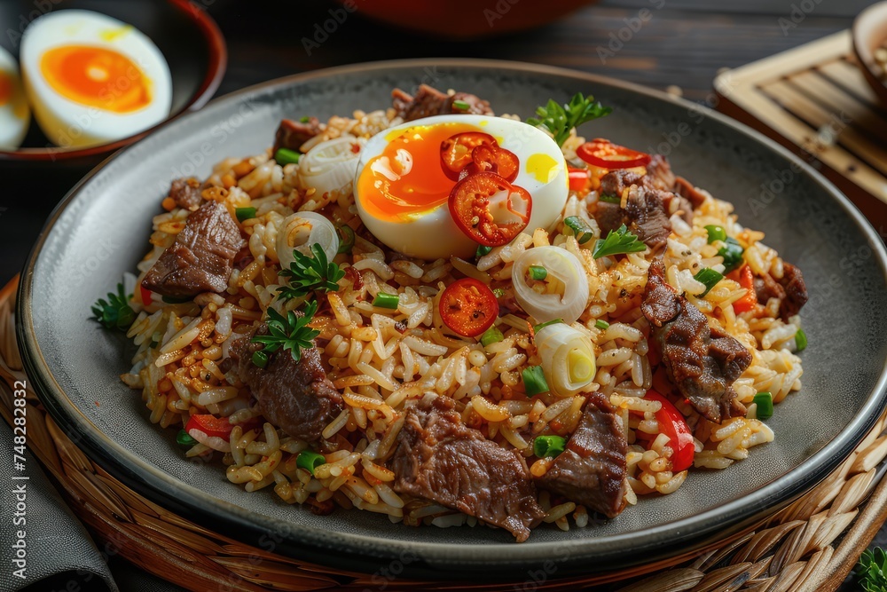 A Fragrant Rice Dish Cooked with Tender Meat Pieces, Aromatic Spices, Fried Onions A Fragrant Rice Dish Cooked with Tender Meat Pieces, Aromatic Spices, Fried Onions