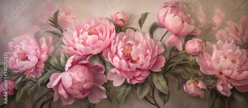 A painting of fresh pink peony flowers beautifully displayed on a wall, adding a touch of elegance and color to the room decor. The delicate petals and vibrant hues bring a sense of nature indoors.