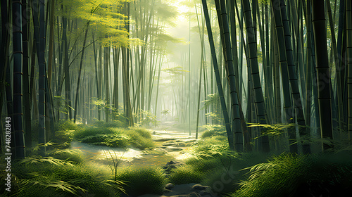 Tranquil bamboo forest  tall bamboo stalks create a dense and peaceful atmosphere