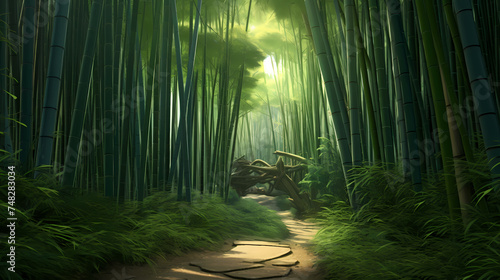 Tranquil bamboo forest, tall bamboo stalks create a dense and peaceful atmosphere © jiejie