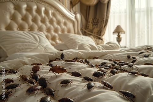 Bed Bugs Invasion, Room Infested with Bedbugs, Luxury Big Bed with Red Bedbugs Photo