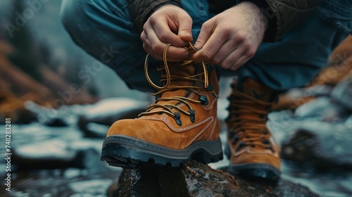 Close up of man's hands tying shoelaces on his hiking boots © AnaV