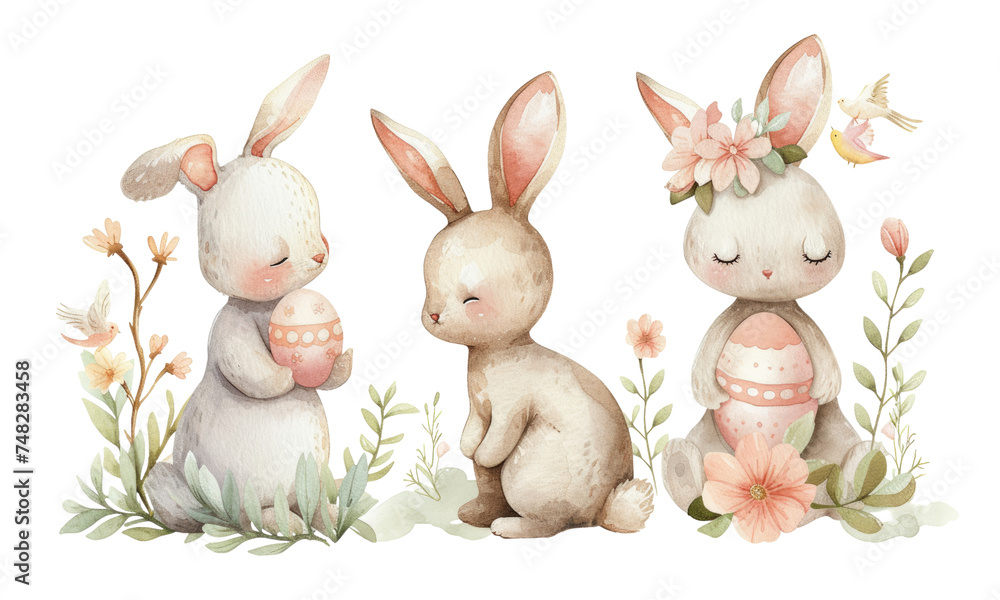 Cute watercolor easter cute bunny with eggs and pastel beauty flowers isolated on transparent background