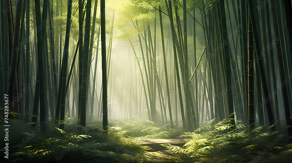 Naklejka premium Tranquil bamboo forest, tall bamboo stalks create a dense and peaceful atmosphere