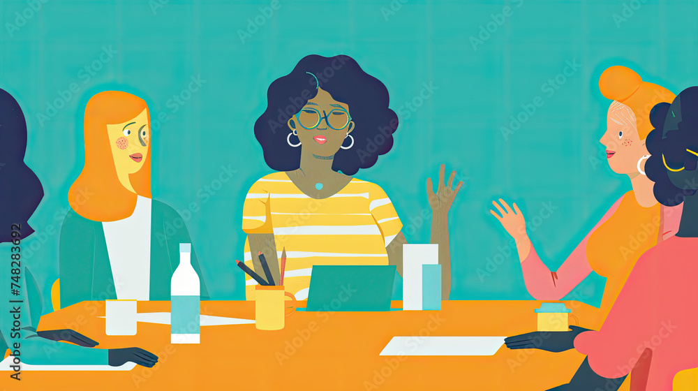Women gathered around a table engaged in conversation Women gathered around a table engaged in conversation