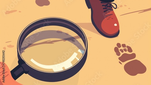 A vector flat-style illustration depicting a detective tracking footsteps with a magnifying glass, symbolizing tracing, finding, or searching for clues in an investigation concept