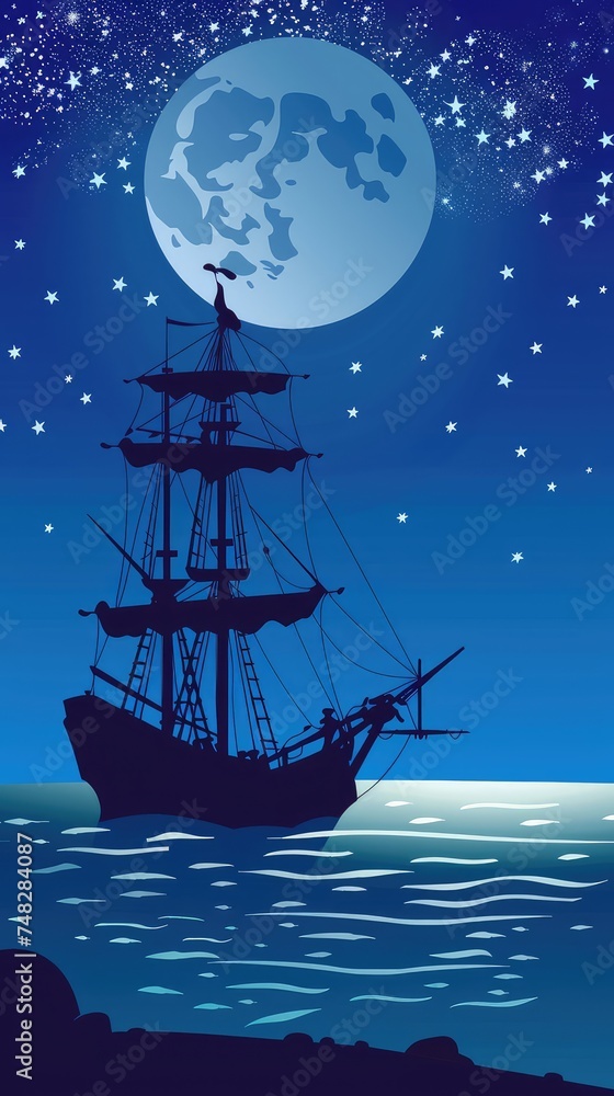 Fototapeta premium Silhouette of a sailing ship against the backdrop of the full moon.