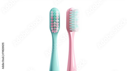 A vector illustration featuring two toothbrushes isolated on a white background. One toothbrush has a small amount of toothpaste applied. Both toothbrushes have nylon bristles and plastic handles