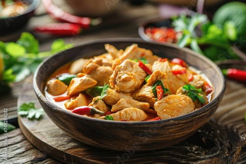 Spicy chicken stir-fry in a rustic bowl - A delicious spicy chicken stir-fry with vegetables is served in a wooden bowl on a rustic table setting