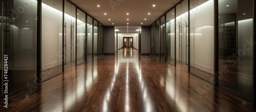 A long hallway with dark wood floors and track lights, leading to another room through large mirror glass doors. The space is sleek and modern, with a minimalist design.