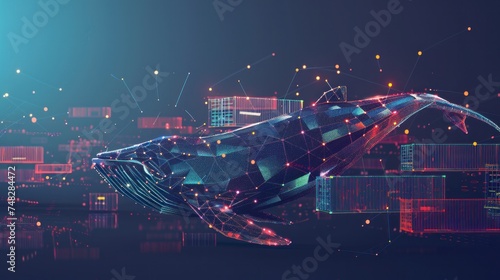 A 3D low polygonal vector illustration featuring a whale and containers, symbolizing computer developer app concepts, including business digital open-source programs and data coding