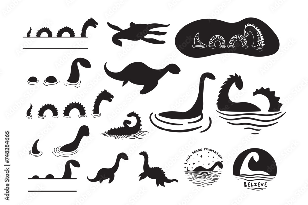 Naklejka premium Loch Ness Monster Bundle, Nessie, Split monogram, Lochness, Monster dinosaur, stencil, Loch Ness Clipart, Loch Ness, Loch Ness Vector, Loch Ness, Loch Ness cut files, cutter, monster silhouette, clipa