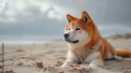 An akita inu dog on the beach