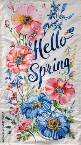 Watercolor illustration of a frame of spring flowers  inside the text Hello Spring  spring background