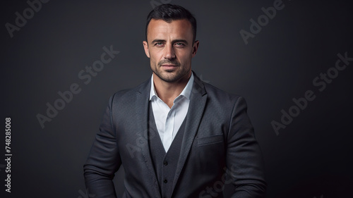 Confident man in business attire against grey background. White shirt, dark blue jacket, light blue pocket square. Short haircut, brown eyes, exudes professionalism.