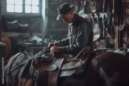 Workshop for making leather saddles for horses, a man makes a saddle, equestrian equipment