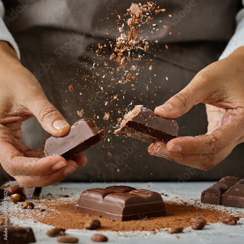 Two hands breaking a piece of chocolate and crumbs falling 
