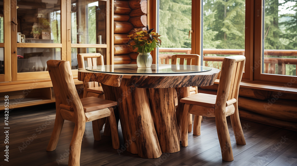 Elegant Handmade Wooden Dining Table Set in a Bright Cabin Interior