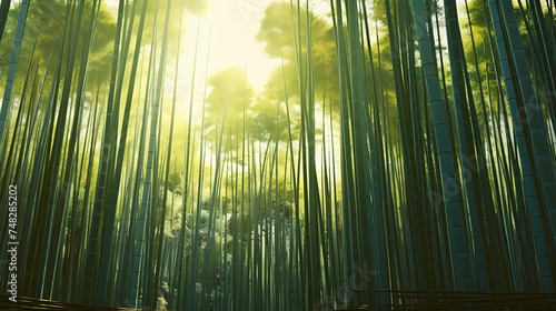 Tranquil bamboo forest  tall bamboo stalks create a dense and peaceful atmosphere