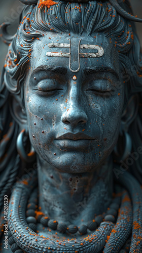 Lord Shiva statue close up portrait. Young handsome indian god. AI Generative