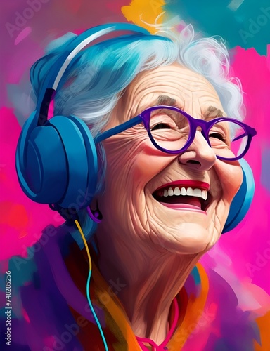 Grandmother in headphones listens to music with pleasure