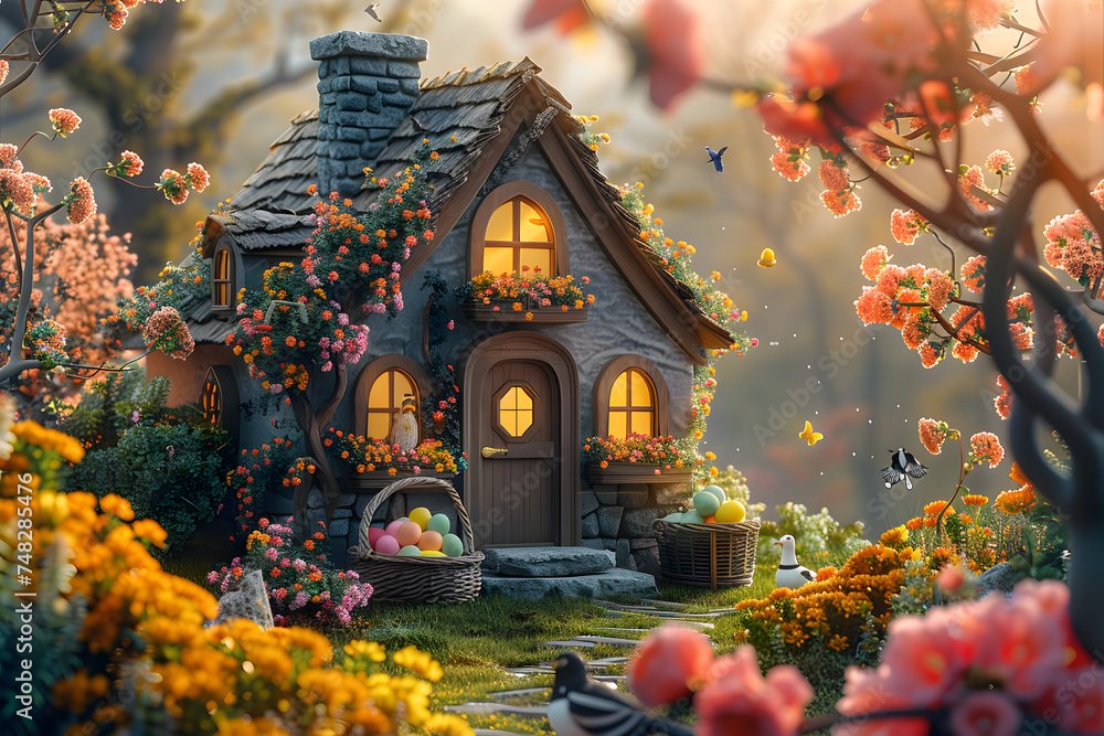 Fototapeta premium A charming Easter cottage with a basket of colorful eggs.