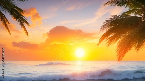 Seascape with waves in the sea, picturesque sky during sunset and palm branches