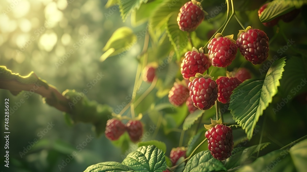 Raspberries Growing on a Photorealistic Tree in Summer Raspberries Growing on a Photorealistic Tree in Summer