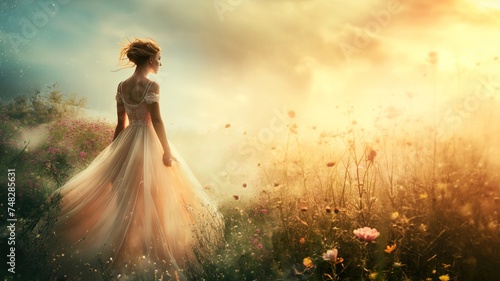 Young attractive girl in luxurious dress in fantastic field with flowers during sunrise