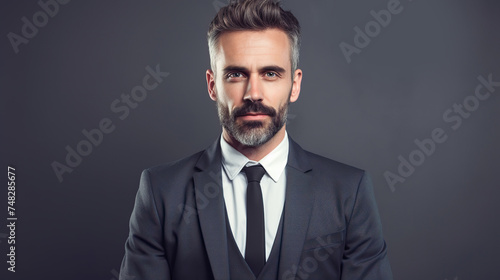 Portrait of a confident and successful businessman in a stylish suit. Shot against a gray backdrop in a professional studio setting.