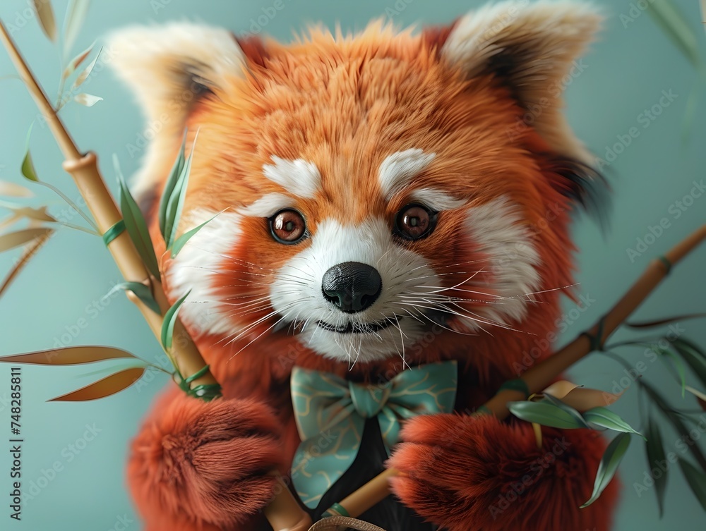 Red Panda Character in Hyperrealistic Style Holding Banana Plant Red Panda Character in Hyperrealistic Style Holding Banana Plant