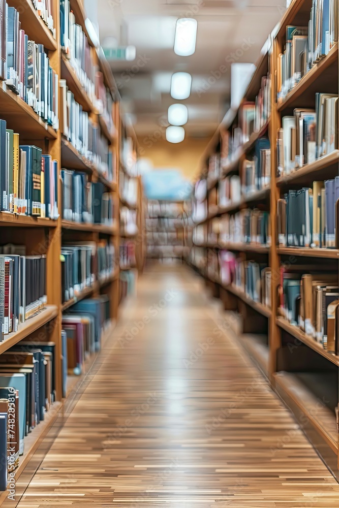 Blurred library aisle with focused bookshelves and wooden floor.
