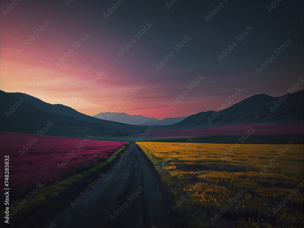 Beautiful sunset over a field of pink flowers with mountains in the background