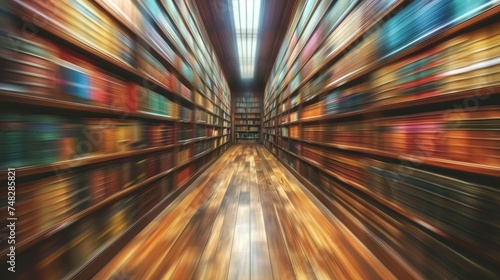 Wide-angle shot of a library with a motion blur effect.