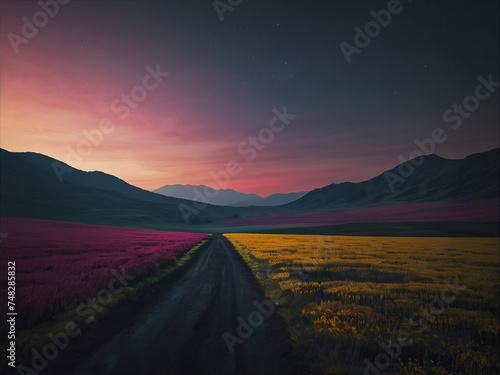 Beautiful sunset over a field of pink flowers with mountains in the background