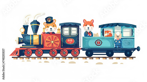 Animal Train Conductors  Illustration of animals in train conductor uniforms  operating a vintage steam train. Isolated Vintage Vector. White Background. Old School.